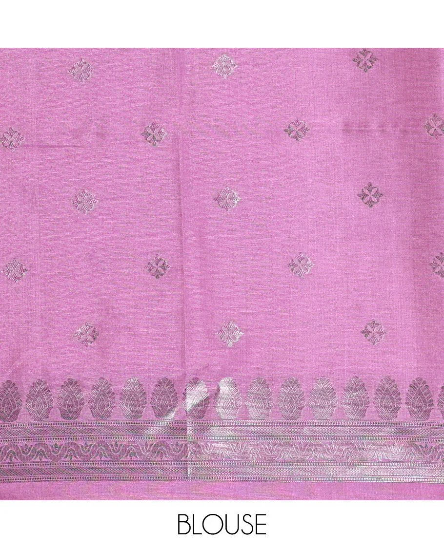 Borderless, pink striped, and zari traditional kanchi motifs fancy tussar saree, intricately zari-woven pallu, and a matching zari buttas woven blouse - Image 3