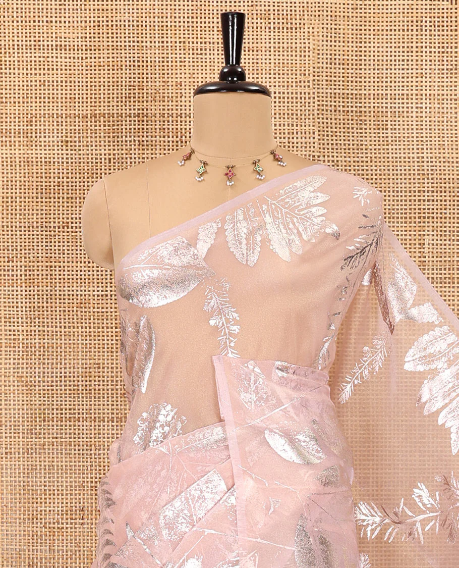 Borderless pink tropical floral-leaf motifs foil printed glass tissue saree, tropical floral-leaf theme foil printed pallu - Image 2