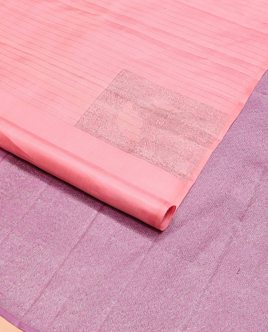 Borderless pink zari stripes & yaanai buttas Kanchipuram silk saree, contrast jaal pallu - Image 2