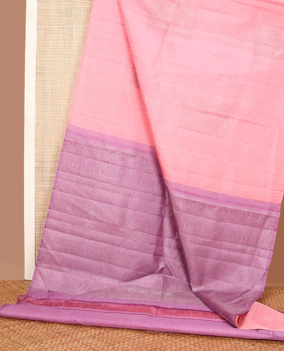 Borderless pink zari stripes & yaanai buttas Kanchipuram silk saree, contrast jaal pallu - Image 3