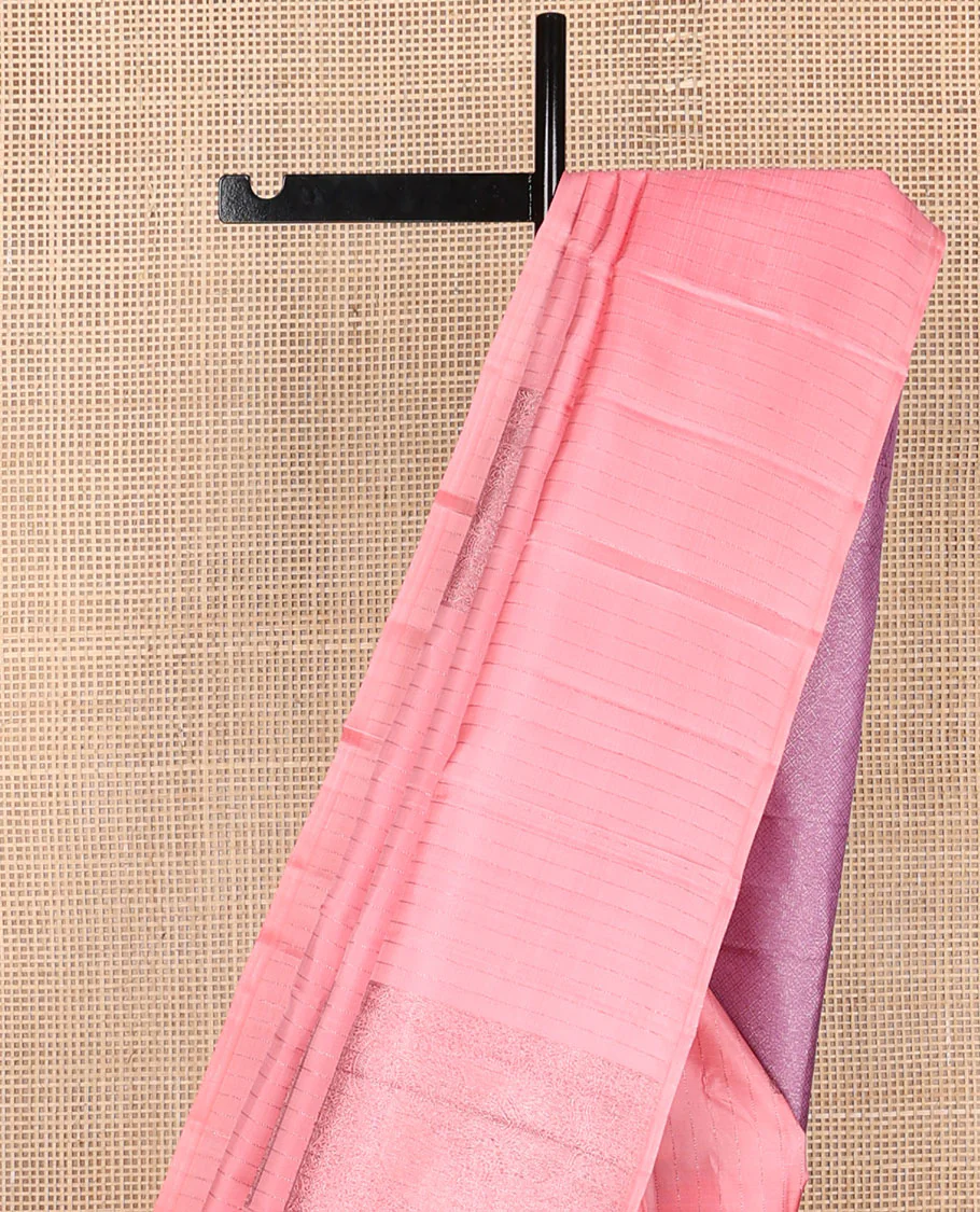 Borderless pink zari stripes & yaanai buttas Kanchipuram silk saree, contrast jaal pallu - Image 4
