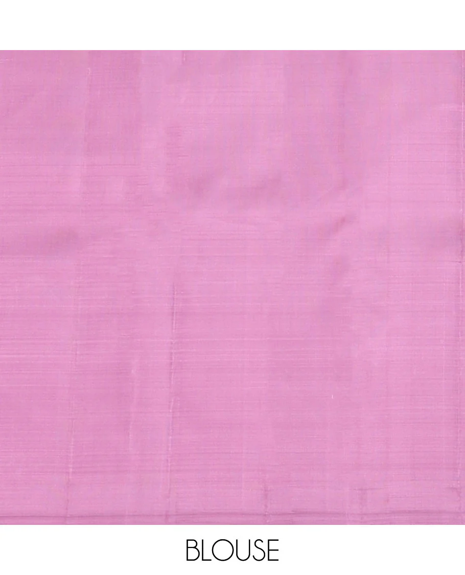 Borderless pink zari stripes & yaanai buttas Kanchipuram silk saree, contrast jaal pallu - Image 6