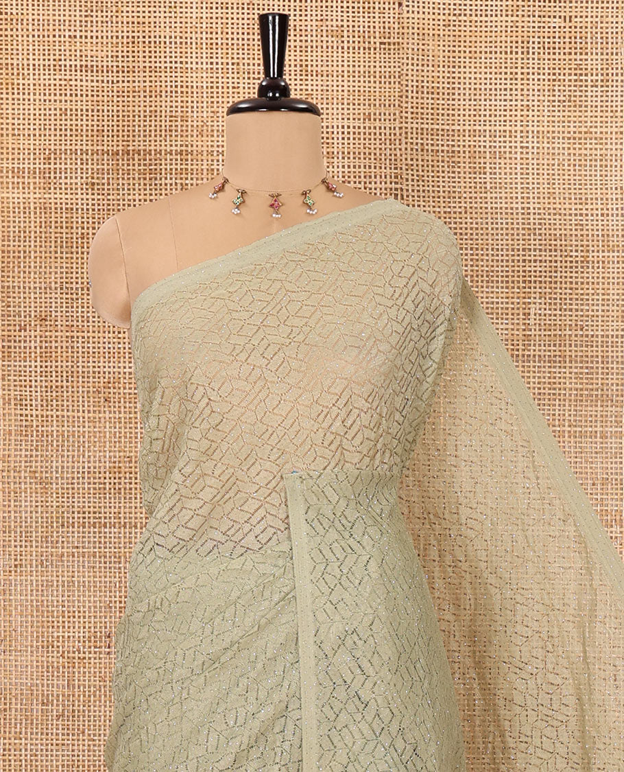 Borderless pista green sparkling glittered russel net saree, self-pallu and a floral print with zig-zag embroidered blouse - Image 2