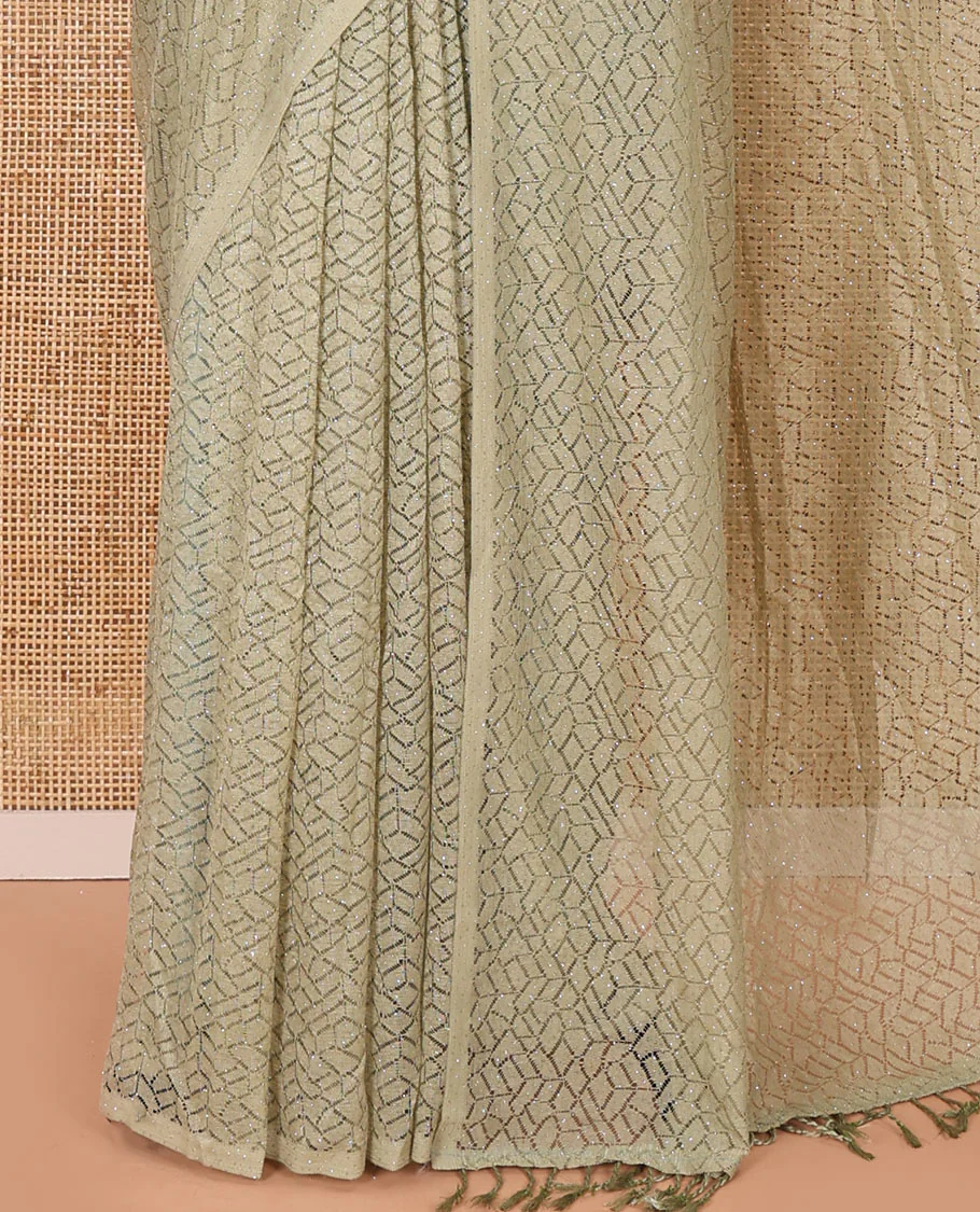 Borderless pista green sparkling glittered russel net saree, self-pallu and a floral print with zig-zag embroidered blouse - Image 3