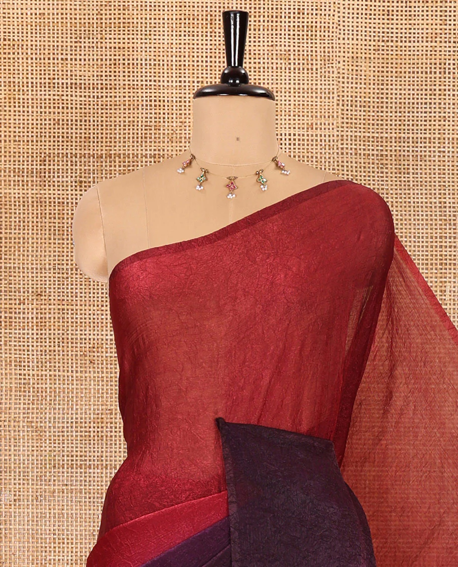 Borderless purple and maroon ombre-style crushed plain fendy chiffon saree, self-pallu, and a matching plain blouse - Image 2