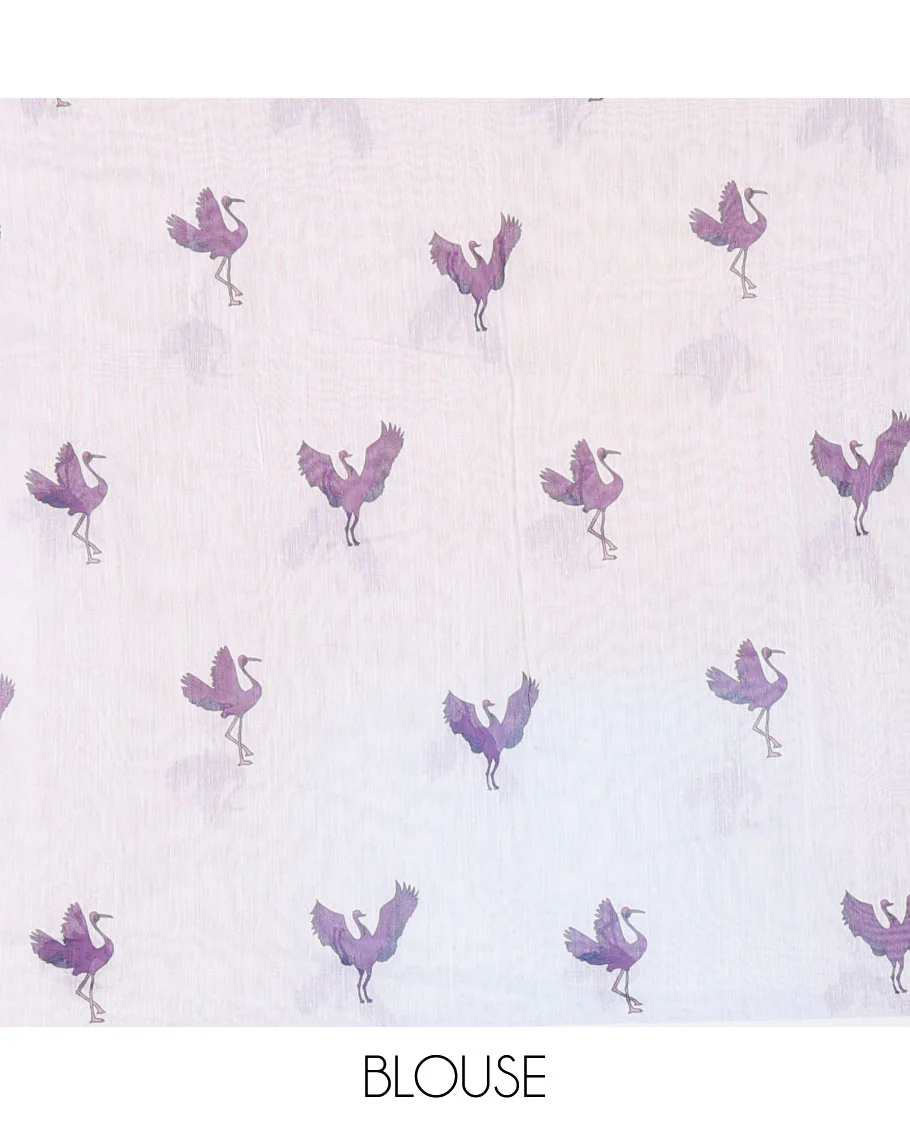 Borderless purple crane motifs printed linen cotton saree, crane motifs printed pallu, and a contrast crane printed blouse - Image 3