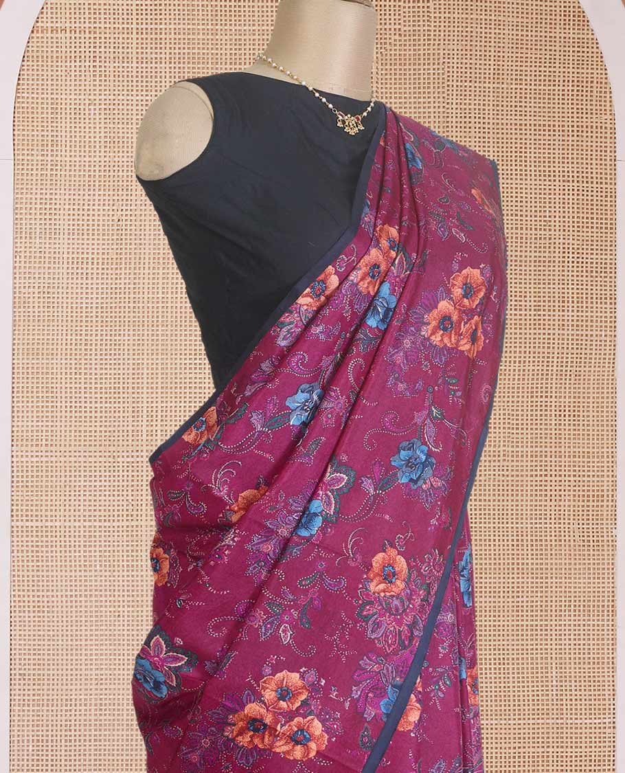 Borderless purple floral vine printed silk saree, contrast thin piping border, and printed pallu - Image 3