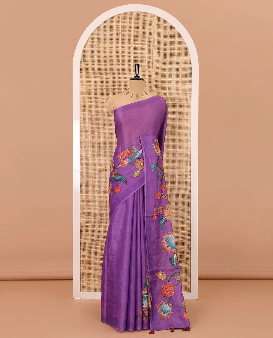 Borderless purple kalamkari floral vine printed with French knot and kanta embroidered kotta silk saree, printed and French knot embroidered matching blouse - Image 2