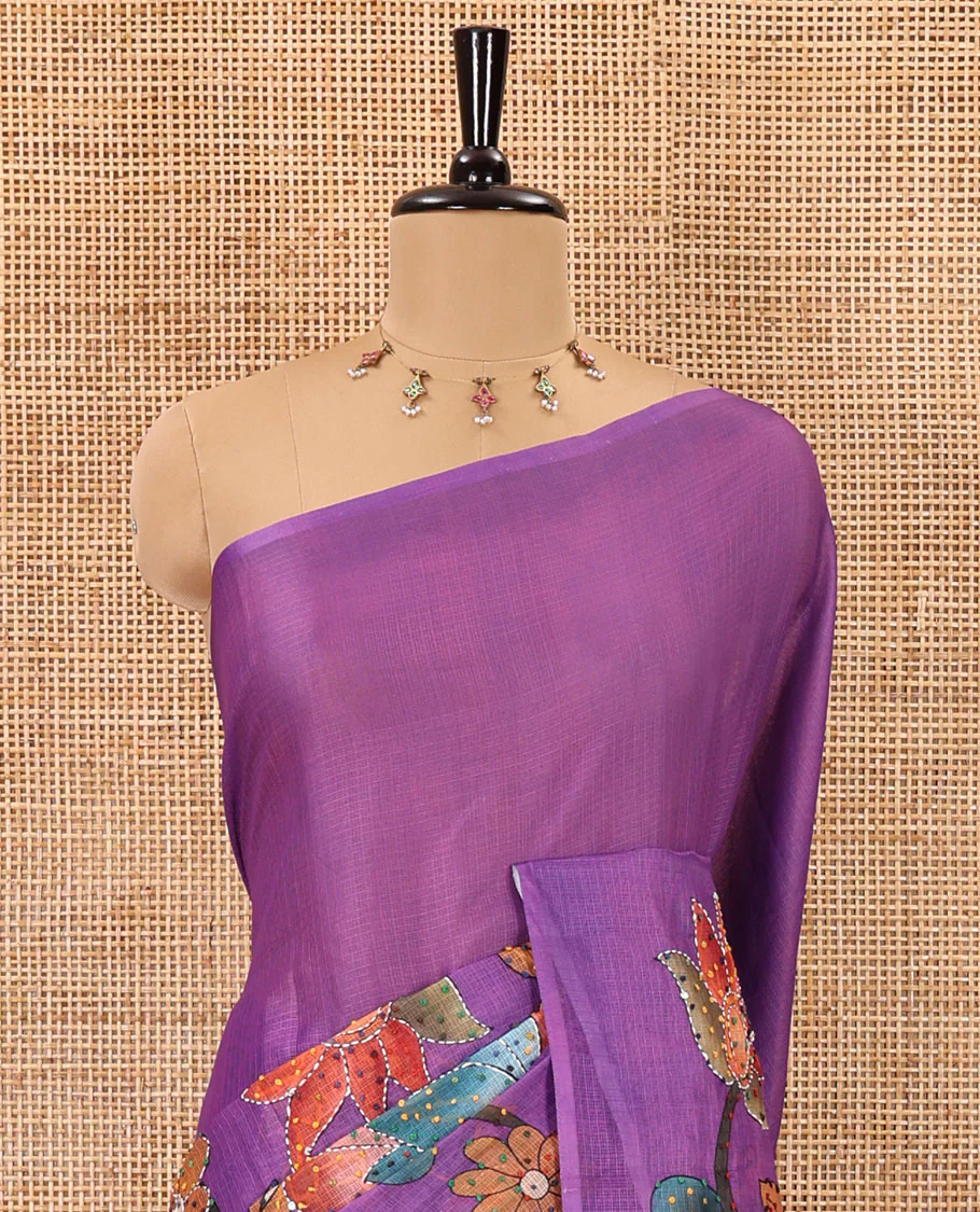 Borderless purple kalamkari floral vine printed with French knot and kanta embroidered kotta silk saree, printed and French knot embroidered matching blouse - Image 3