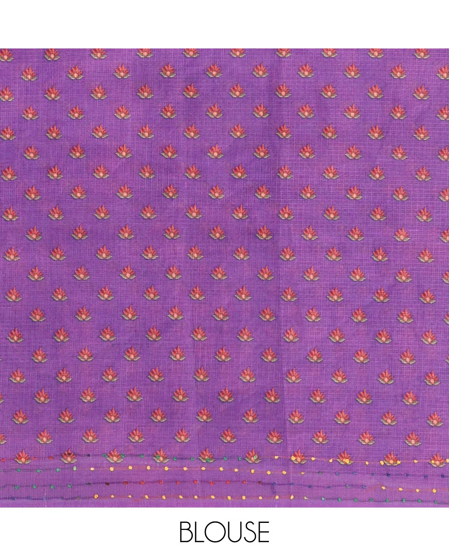 Borderless purple kalamkari floral vine printed with French knot and kanta embroidered kotta silk saree, printed and French knot embroidered matching blouse - Image 4