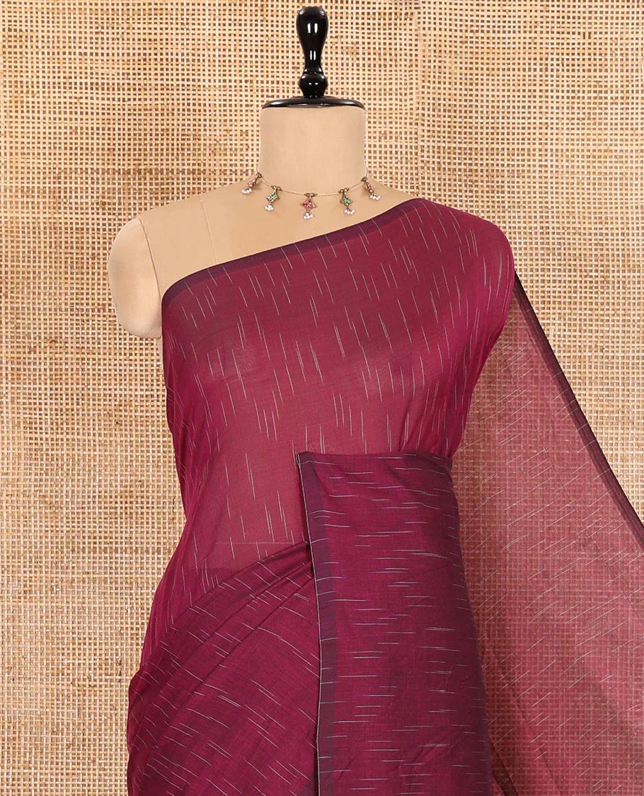 Borderless Purple Khadi Mul Cotton Saree Decked with Jharna-Style Waterdrop Motifs, Featuring a Gleaming Zari-Woven Pallu, Paired with a Matching Blouse Replicating the Body Motifs - Image 2