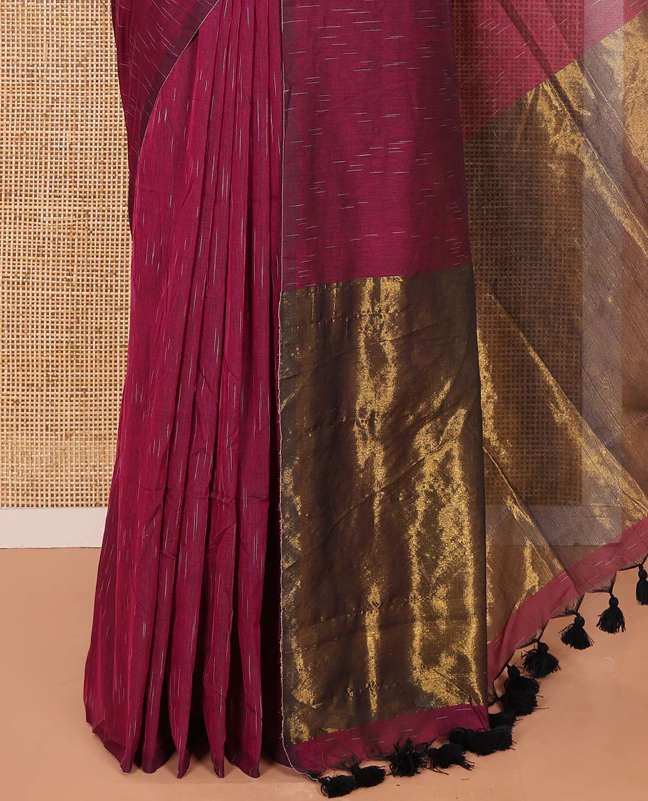 Borderless Purple Khadi Mul Cotton Saree Decked with Jharna-Style Waterdrop Motifs, Featuring a Gleaming Zari-Woven Pallu, Paired with a Matching Blouse Replicating the Body Motifs - Image 3
