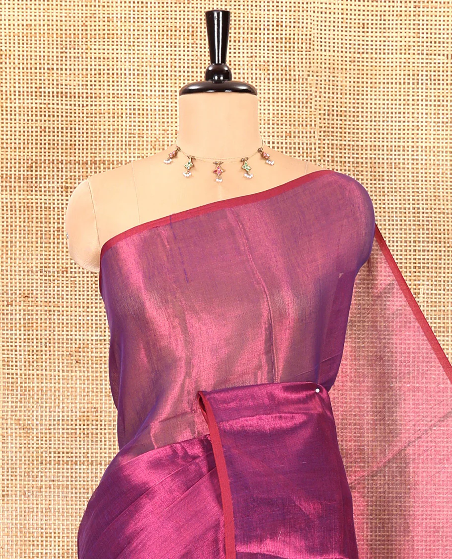 Borderless purple plain khadi tissue saree self pallu with tassels and a matching blouse - Image 2