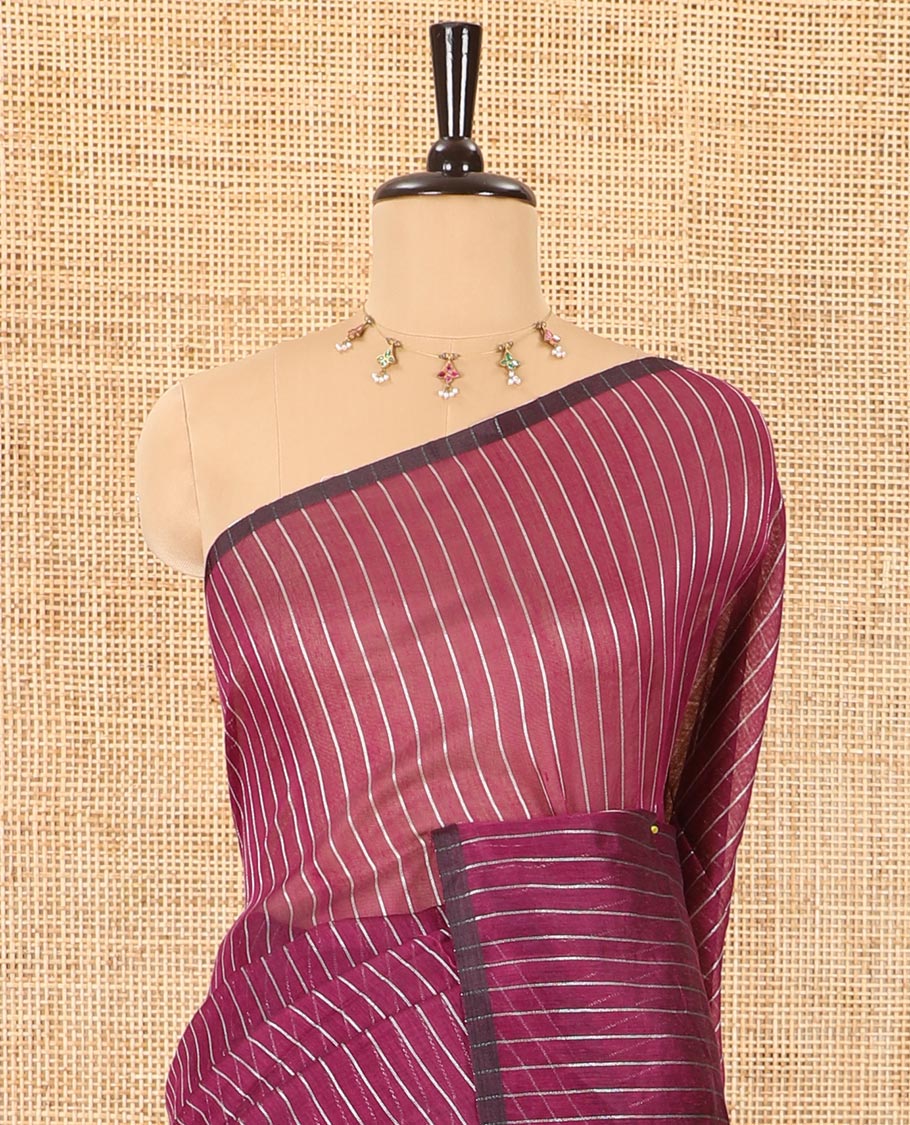 Borderless purple zari vertically striped khadi mul cotton saree, gleaming zari pallu and a matching blouse - Image 3