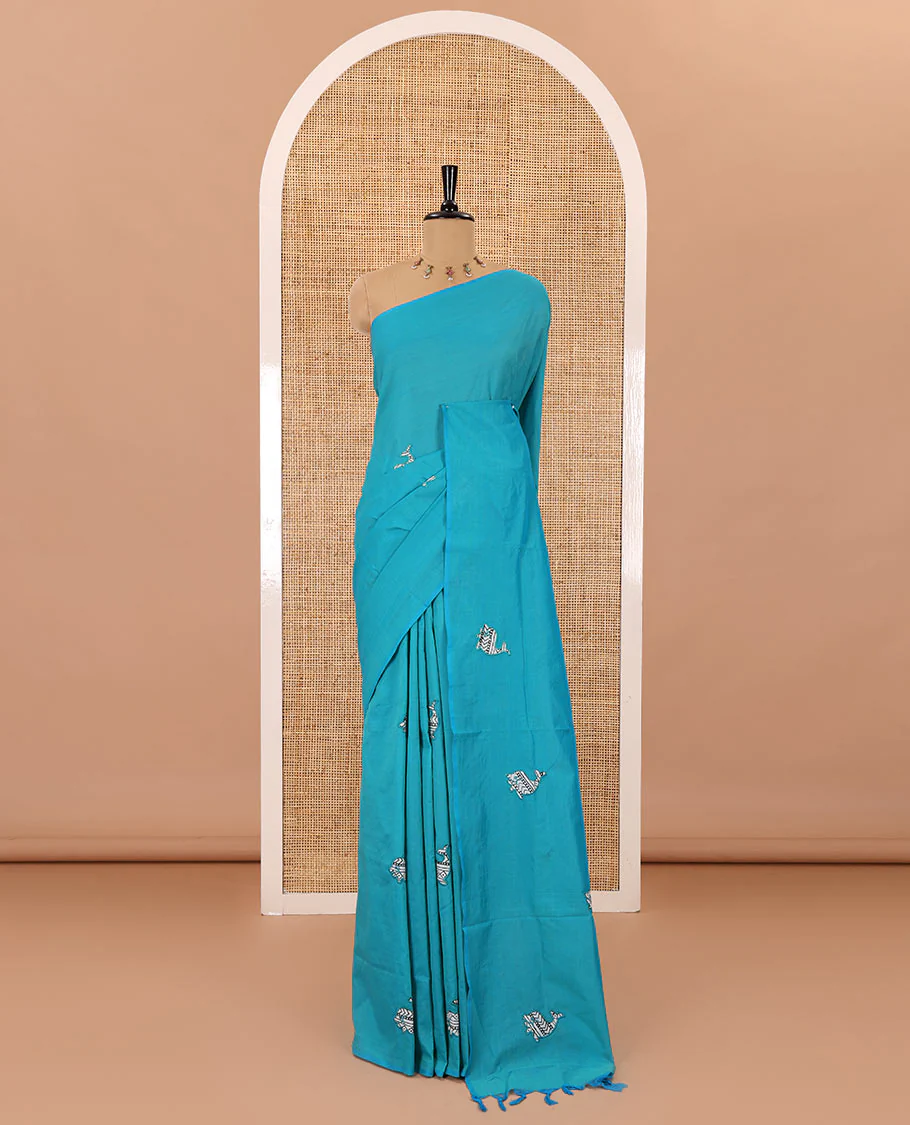 Borderless rama motifs patch embroidered South cotton saree with a plain blouse and a contrast printed blouse - Image 2