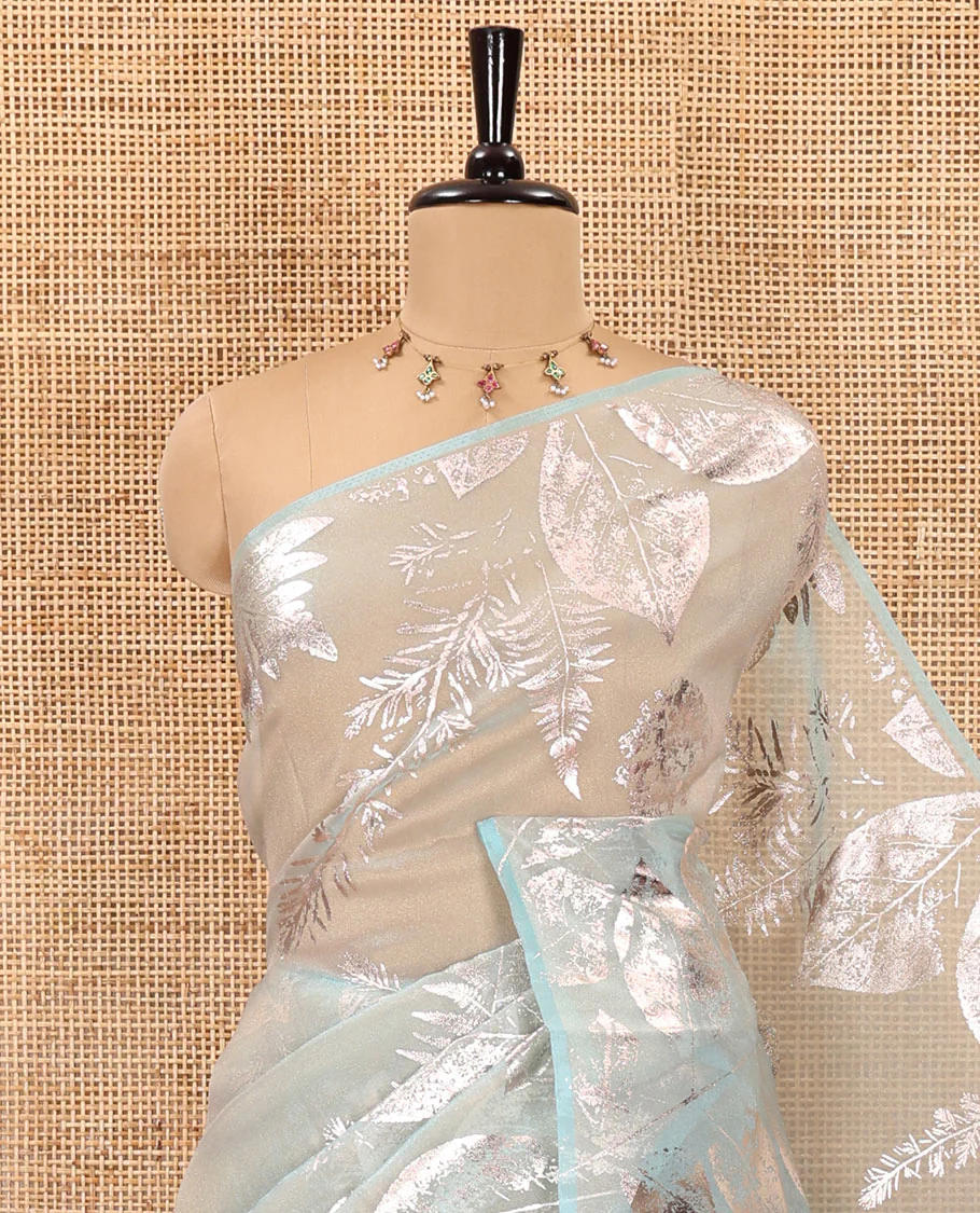 Borderless rama tropical floral-leaf motifs foil printed glass tissue saree, tropical floral-leaf theme foil printed pallu - Image 2