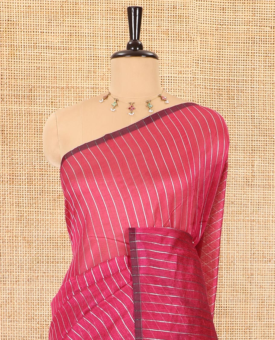Borderless rani pink silver zari vertically striped khadi mul cotton saree, gleaming zari pallu and a matching blouse - Image 3