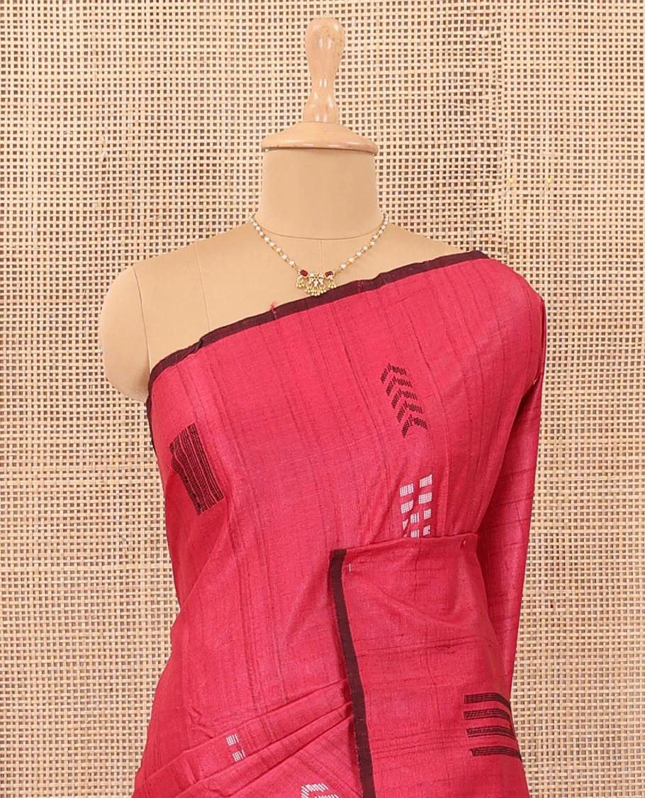 Borderless red chevron and square motifs resham thread woven tussar silk saree - Image 3