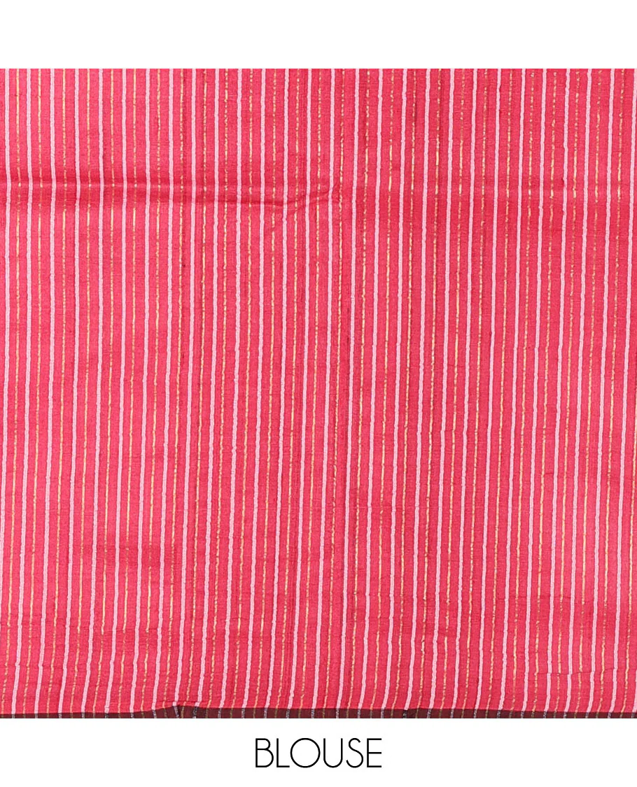 Borderless red chevron and square motifs resham thread woven tussar silk saree - Image 4
