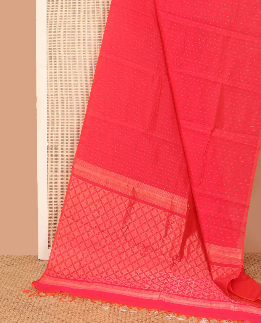 Borderless red dotted buttas silk cotton saree, jaal pallu - Image 2