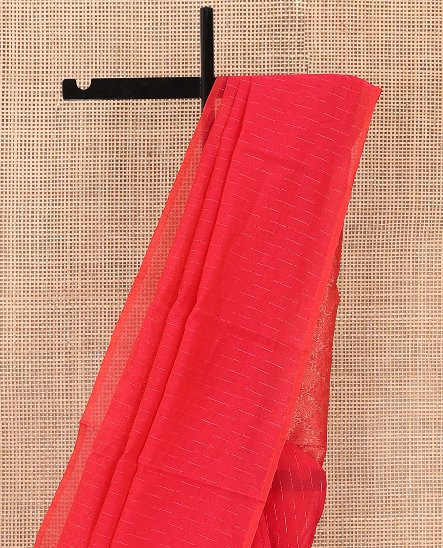 Borderless red dotted buttas silk cotton saree, jaal pallu - Image 3