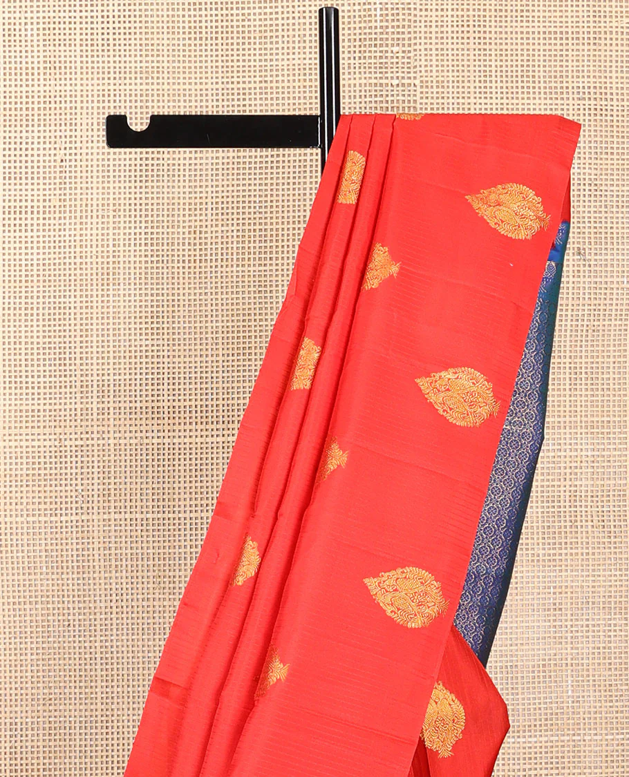 Borderless red leaf buttas kancheepuram silk saree with jaal design pallu - Image 4