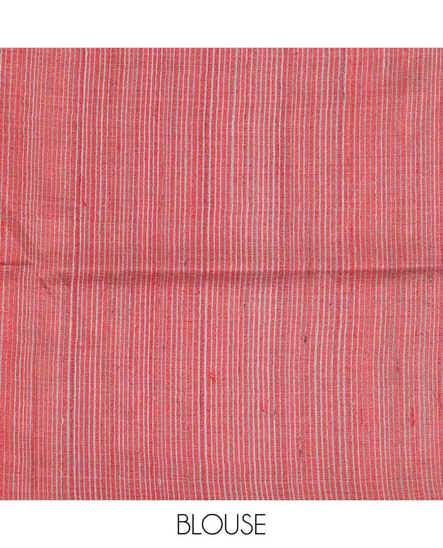 Borderless red plain tussar silk saree, self-pallu of stripes - Image 4