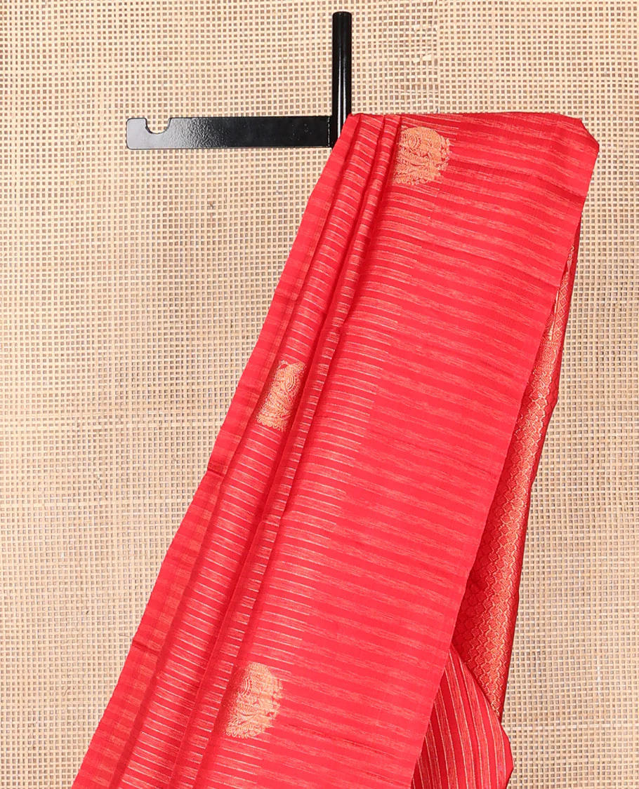 Borderless red striped & mayil buttas Kanchipuram silk saree, self-pallu of thilakam mokku,rudraksham & mayil chakram & intricate pallu - Image 4