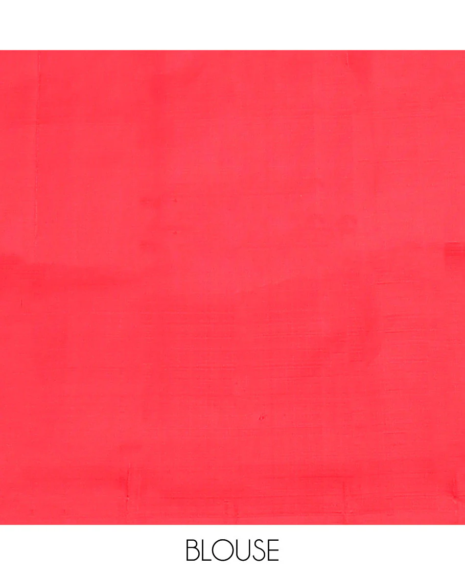 Borderless red striped & mayil buttas Kanchipuram silk saree, self-pallu of thilakam mokku,rudraksham & mayil chakram & intricate pallu - Image 6