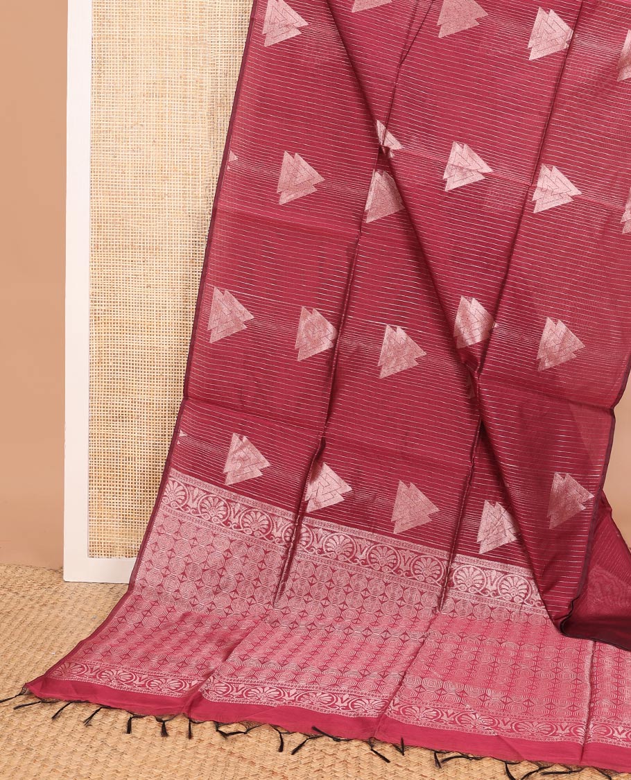 Borderless red stripes and triangle buttas woven semi-silk cotton saree, zari-rich geometric patterned pallu - Image 2