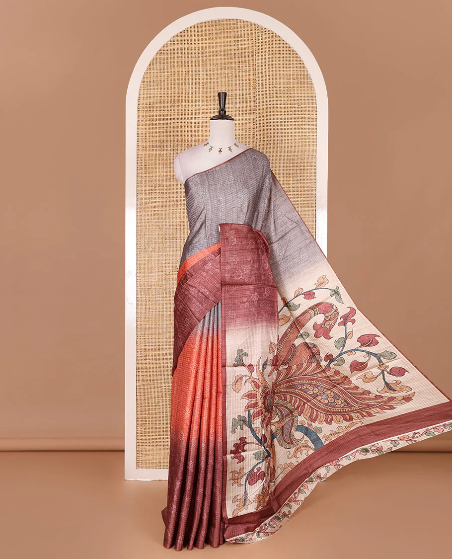 Borderless rust ombre style dyed and floral vine design semi tussar saree, contrast kalamkari printed pallu and blouse