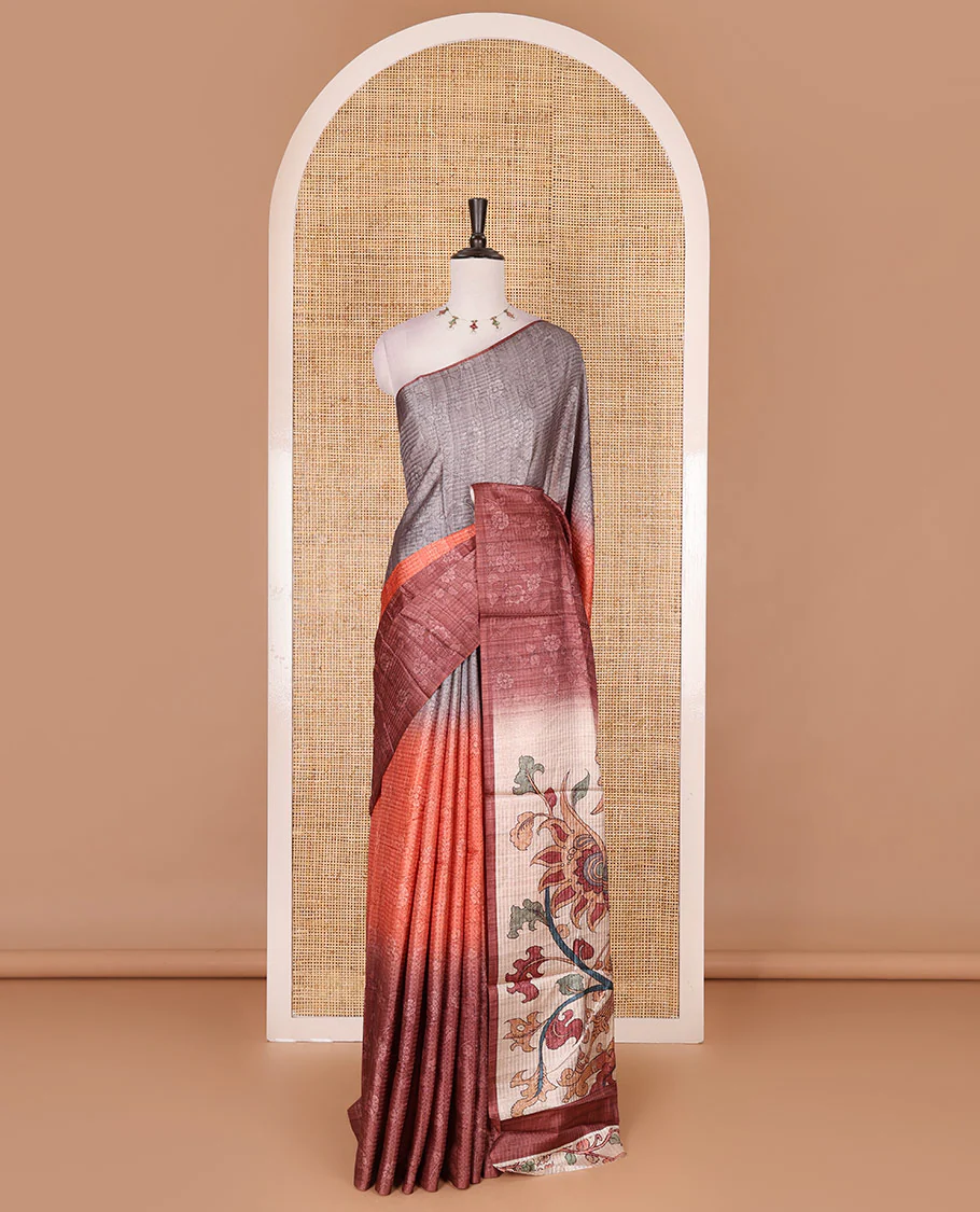 Borderless rust ombre style dyed and floral vine design semi tussar saree, contrast kalamkari printed pallu and blouse - Image 2