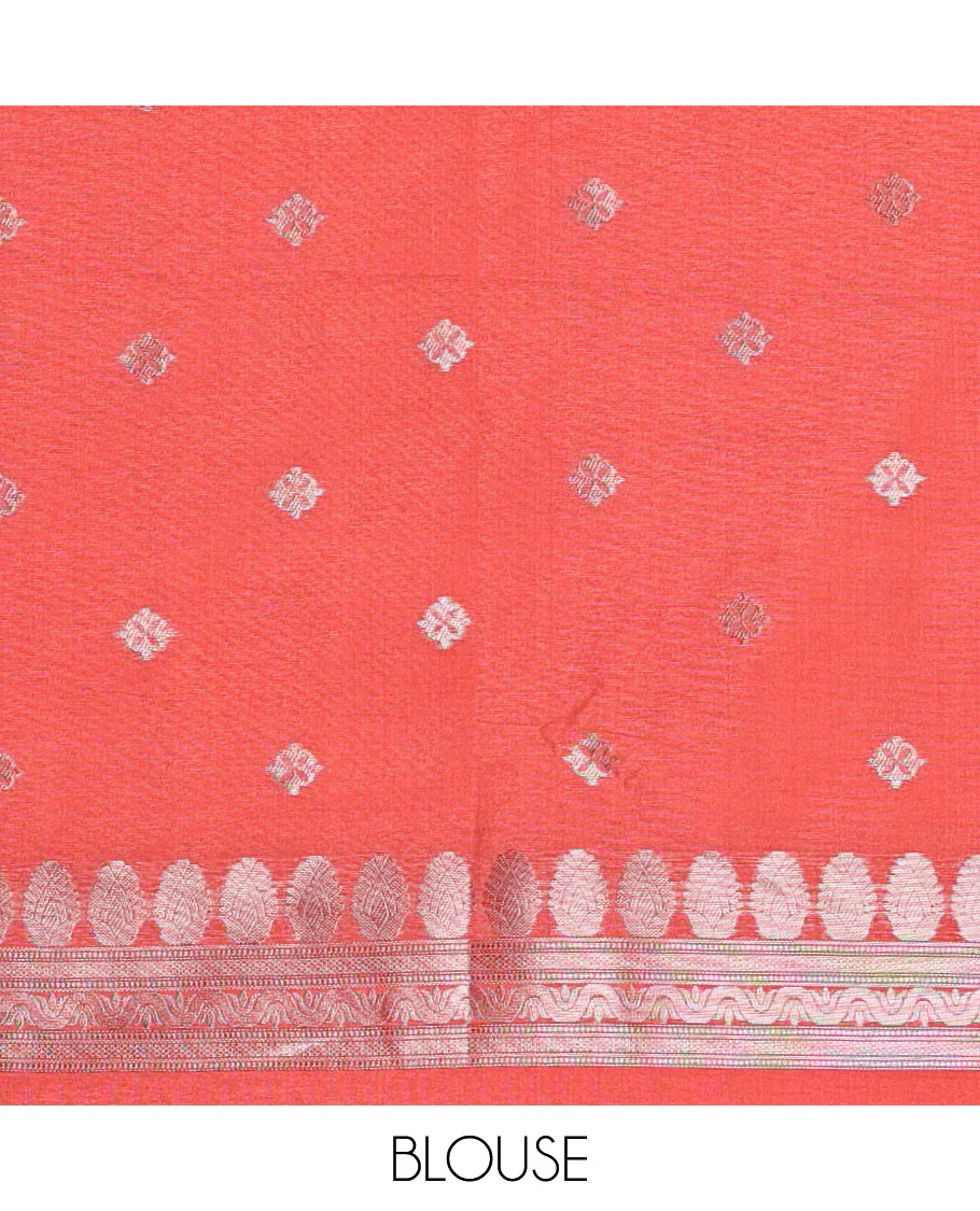 Borderless, rust orange striped, and zari traditional kanchi motifs fancy tussar saree, intricately zari-woven pallu, and a matching zari buttas woven blouse - Image 3