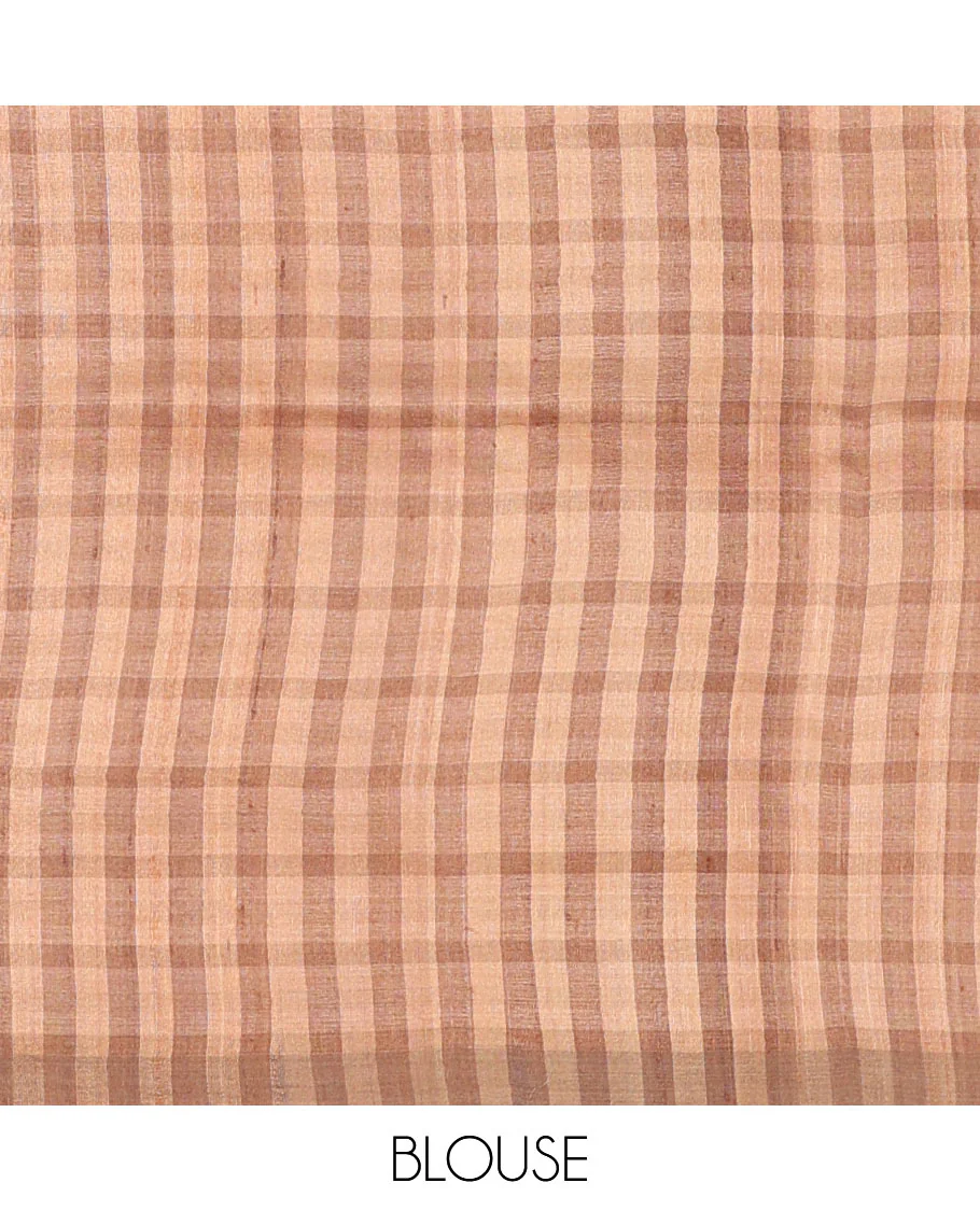 Borderless sandal and brown solid checked tussar silk saree with self-pallu - Image 4