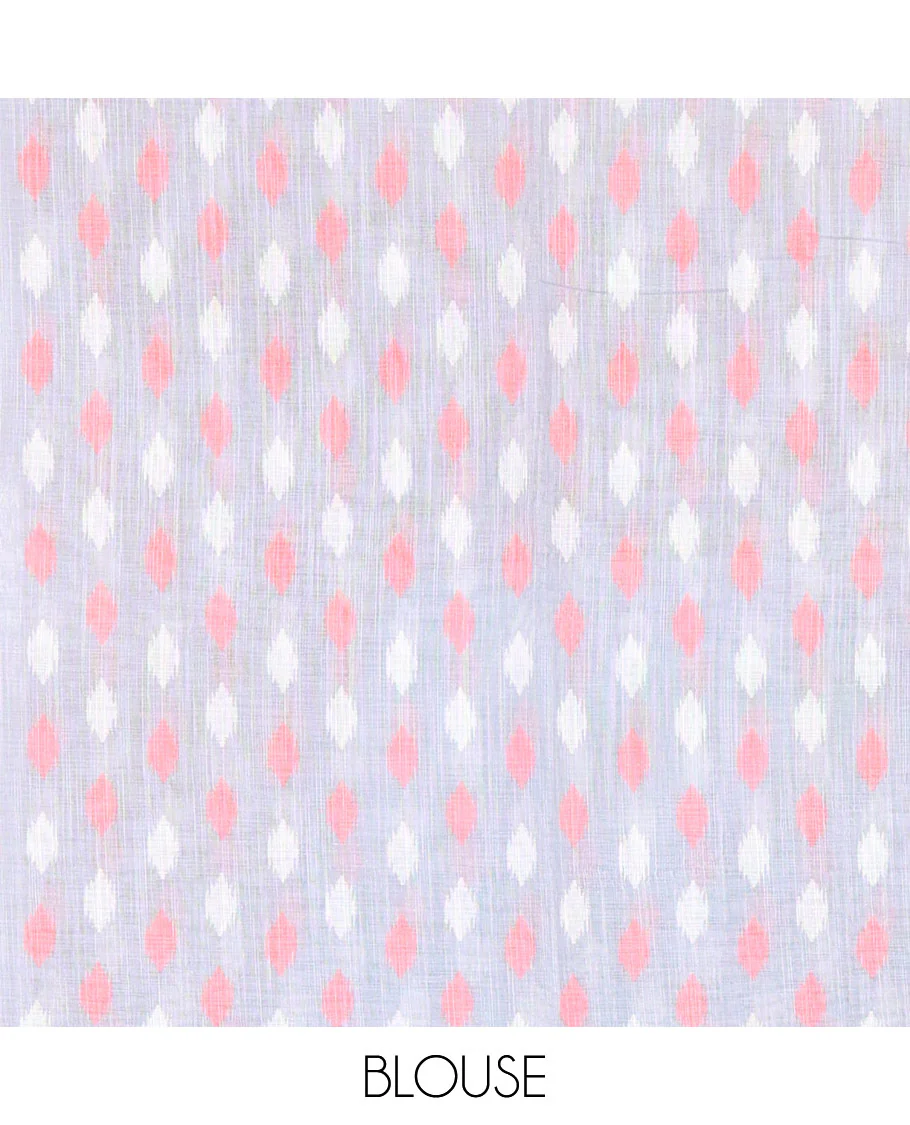 Borderless tomato pink ikkat jaal patterned linen cotton saree, contrast ikkat jaal patterned pallu and ikkat buttas blouse - Image 3