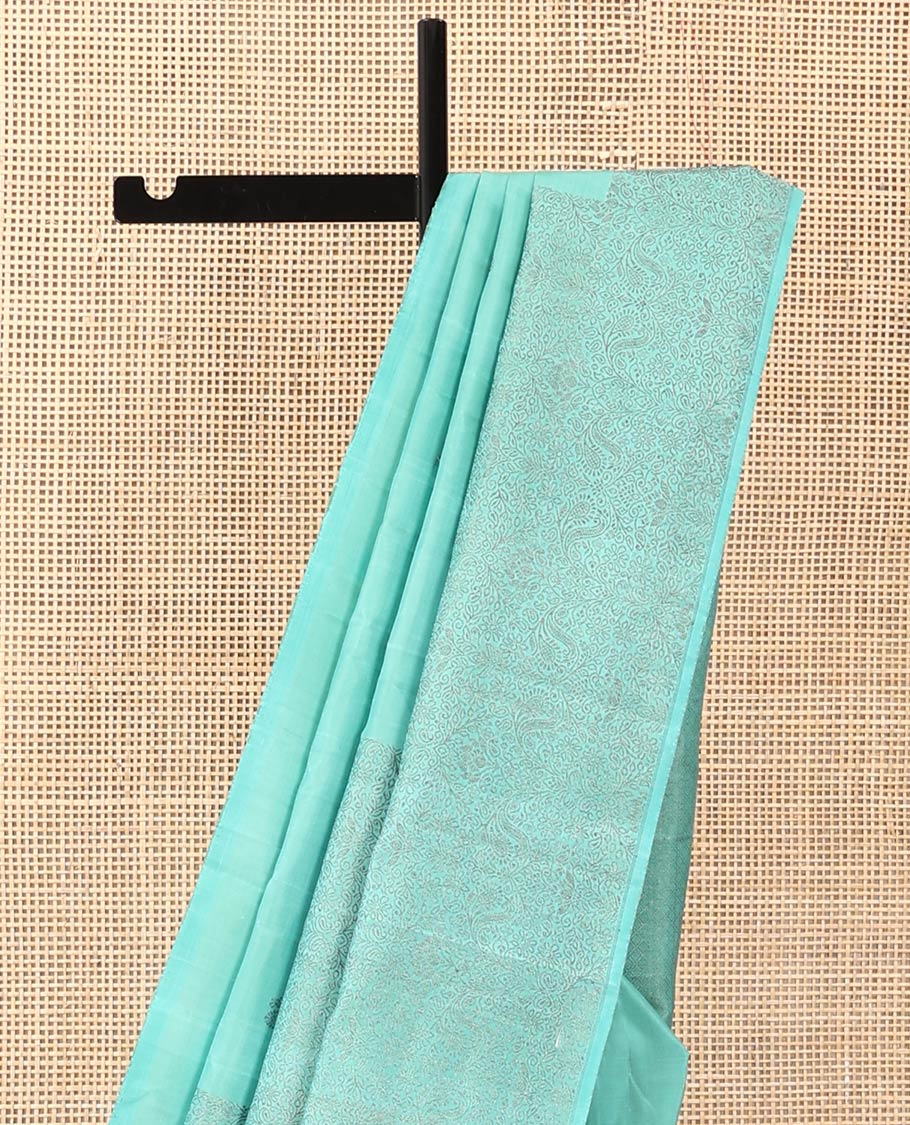 Borderless turquoise mayil and floral design Kanchipuram designer saree, zari-rich jaal pallu - Image 4