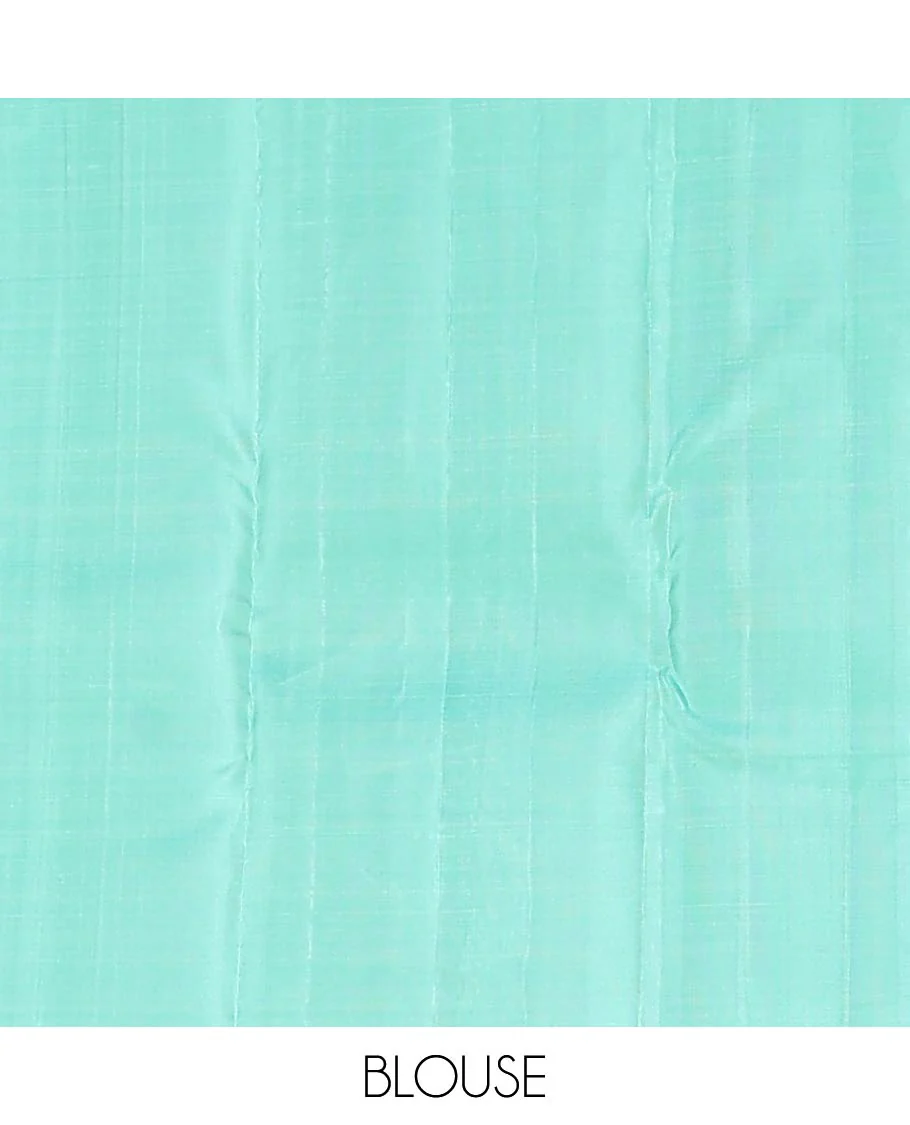Borderless turquoise mayil and floral design Kanchipuram designer saree, zari-rich jaal pallu - Image 6