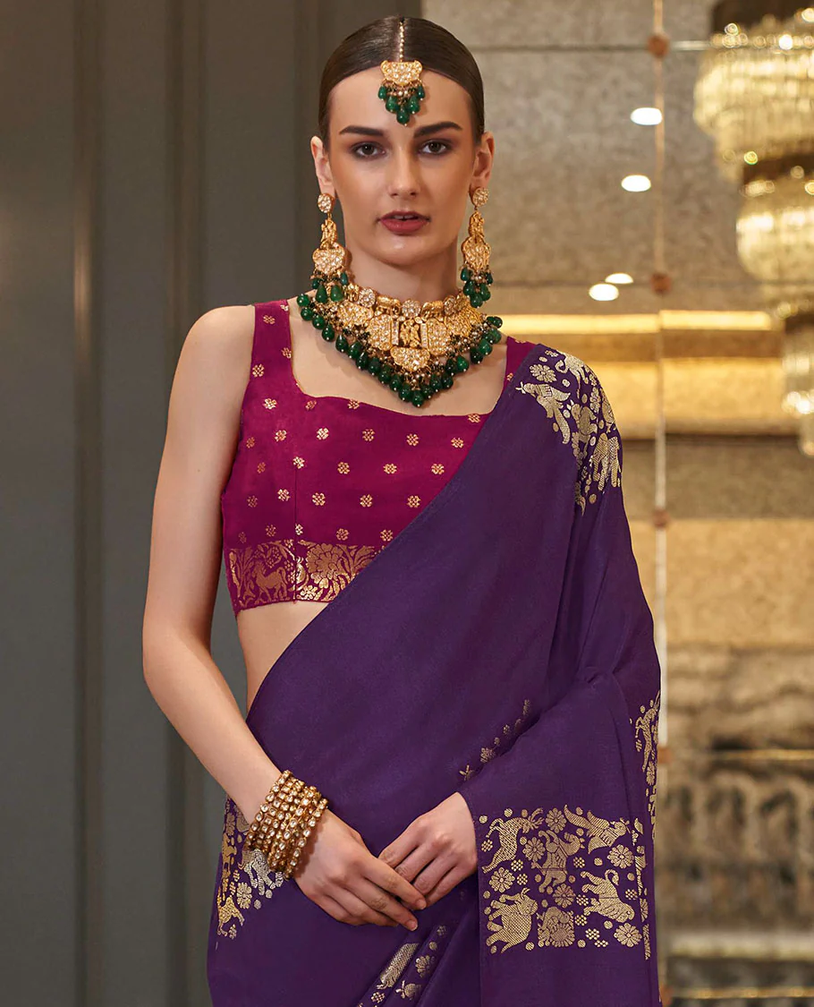 Borderless violet animal motifs designer saree, self-pallu of animal motifs - Image 2