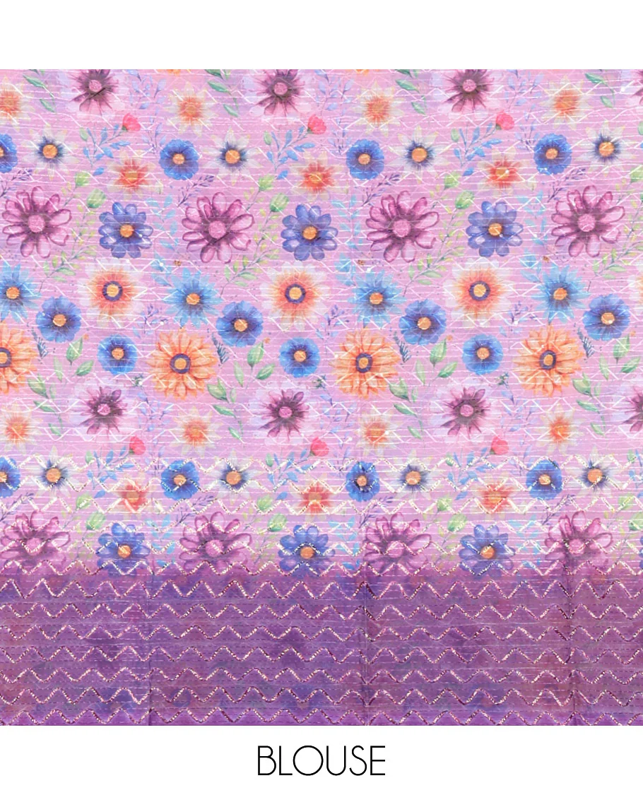 Borderless violet sparkling glitter russel net saree with self-pallu, and a contrast floral printed and zig-zag patterned blouse - Image 3