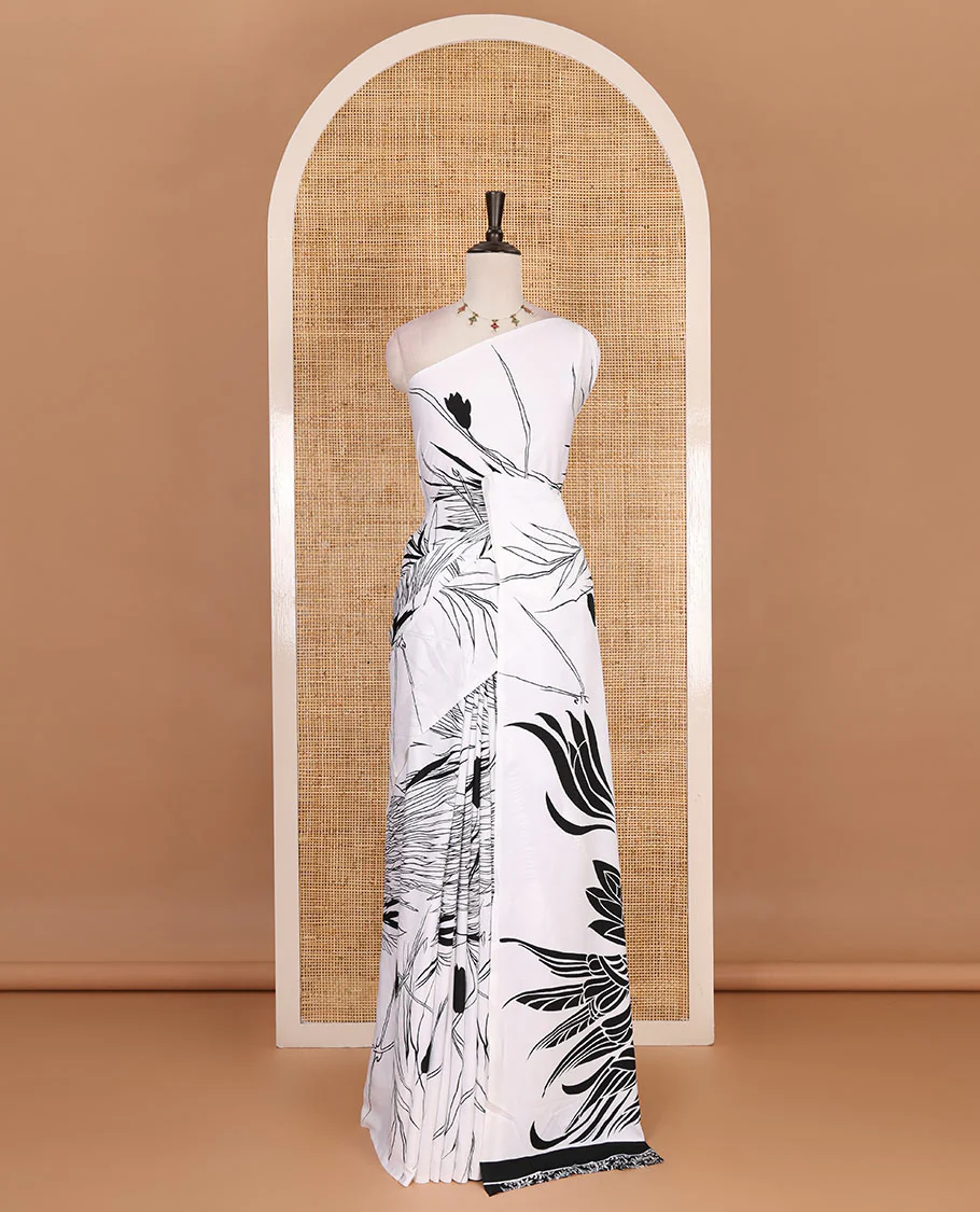 Borderless white and black feather like floral motifs printed satin crepe saree, floral vine printed blouse - Image 2