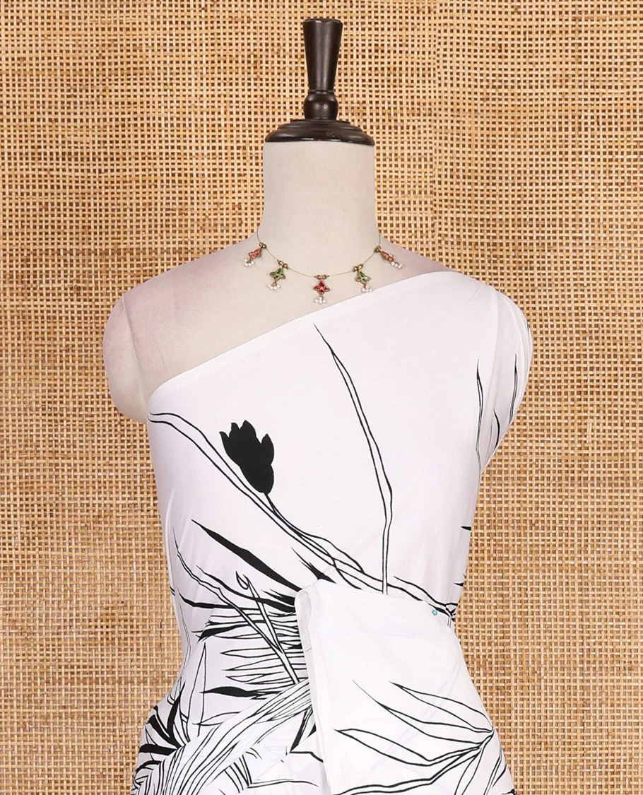 Borderless white and black feather like floral motifs printed satin crepe saree, floral vine printed blouse - Image 3