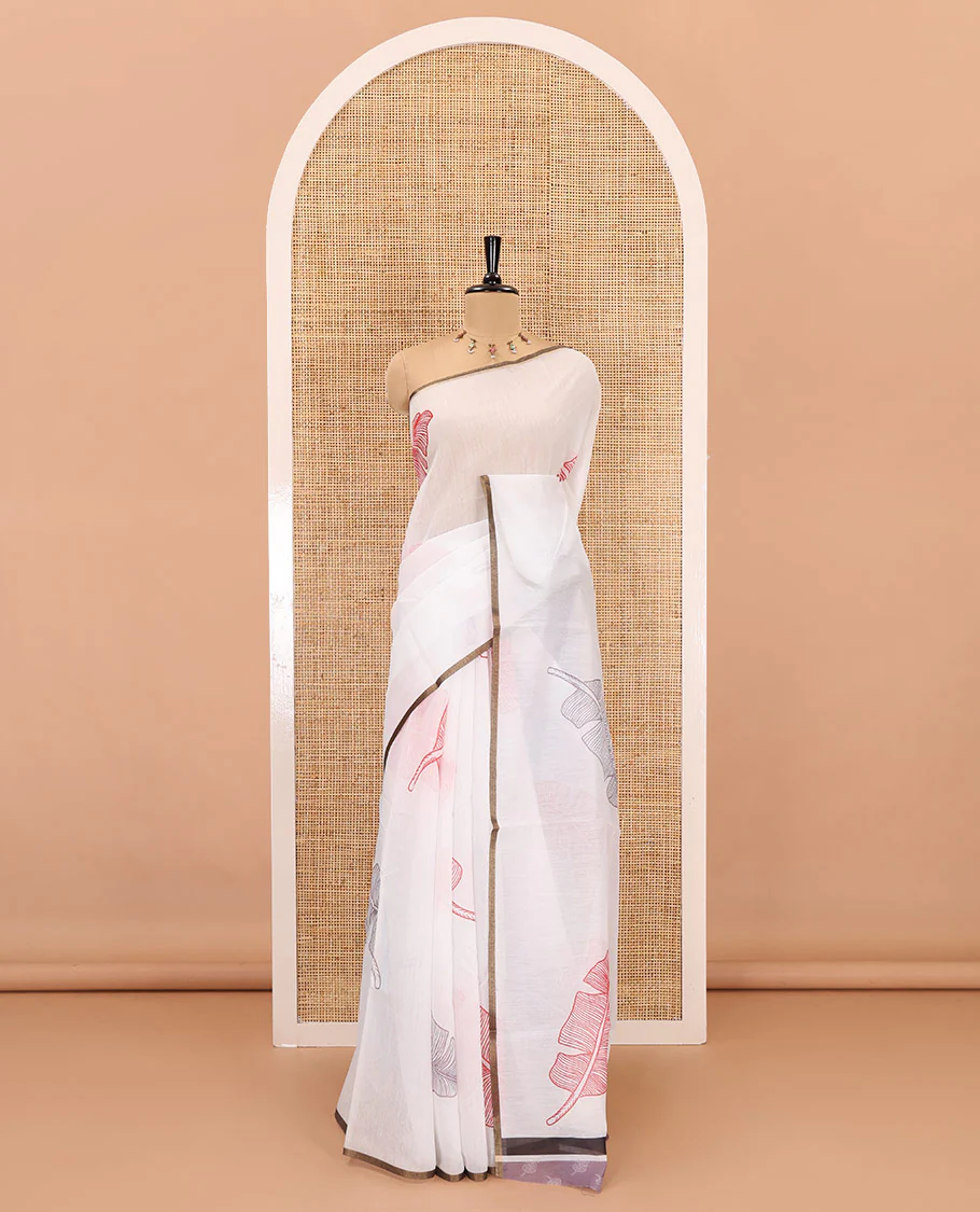 Borderless white big banana leaf motifs printed chanderi cotton saree, printed pallu, and contrast printed blouse - Image 2
