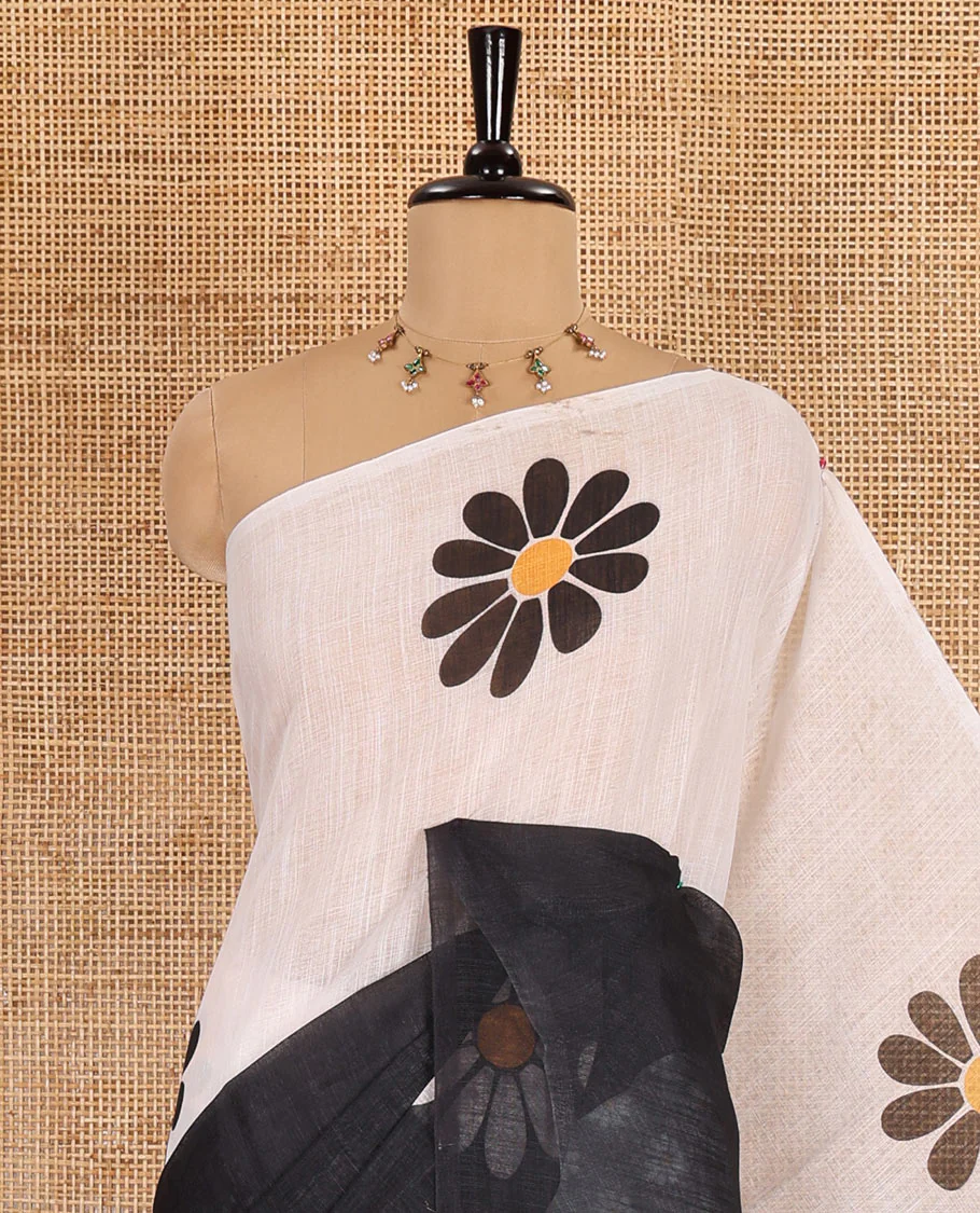 Borderless white-black 2D-style daisy floral printed linen cotton saree, daisy floral printed pallu, and daisy floral printed blouse - Image 2