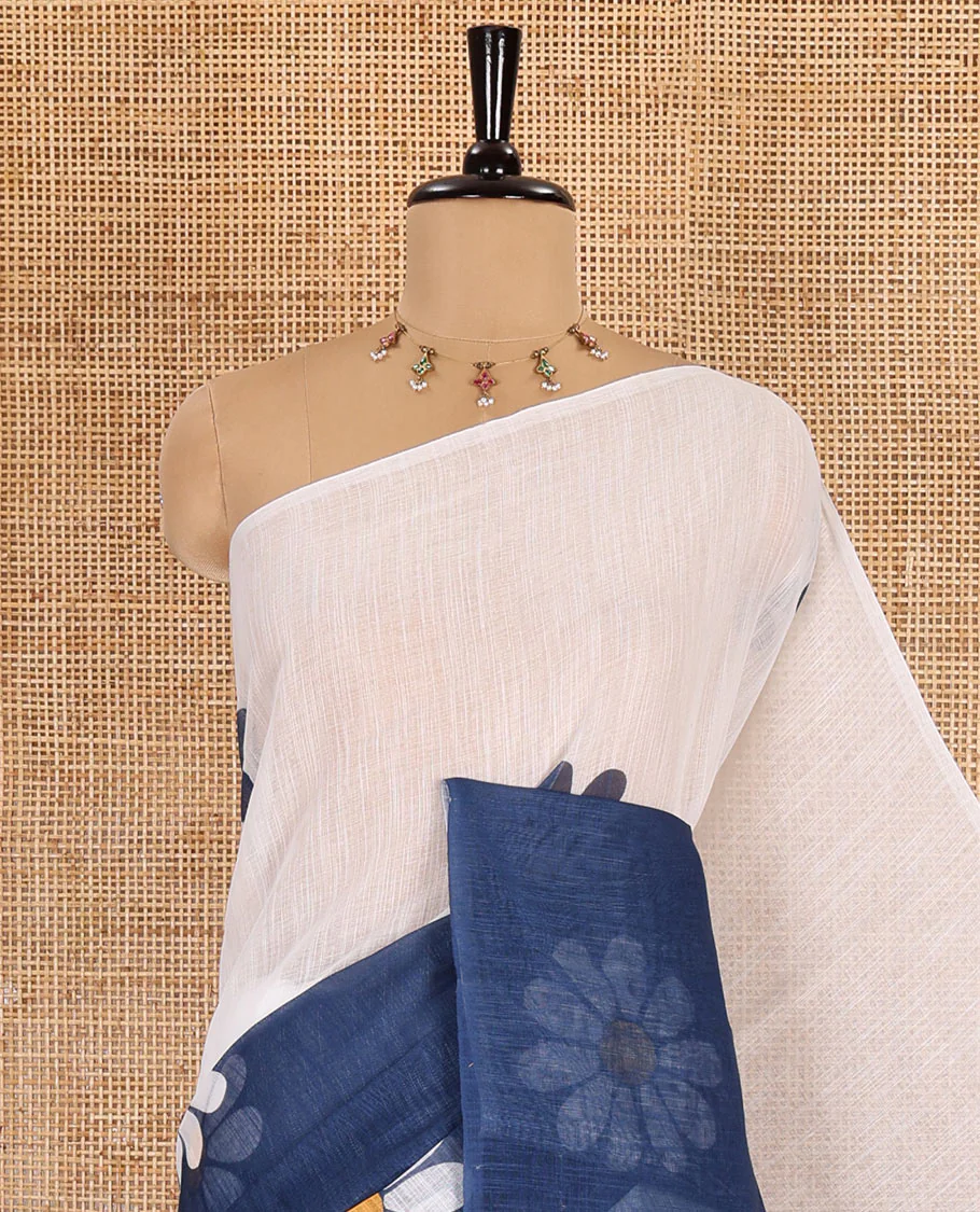 Borderless white-blue 2D-style daisy floral printed linen cotton saree, daisy floral printed pallu, and daisy floral printed blouse - Image 2