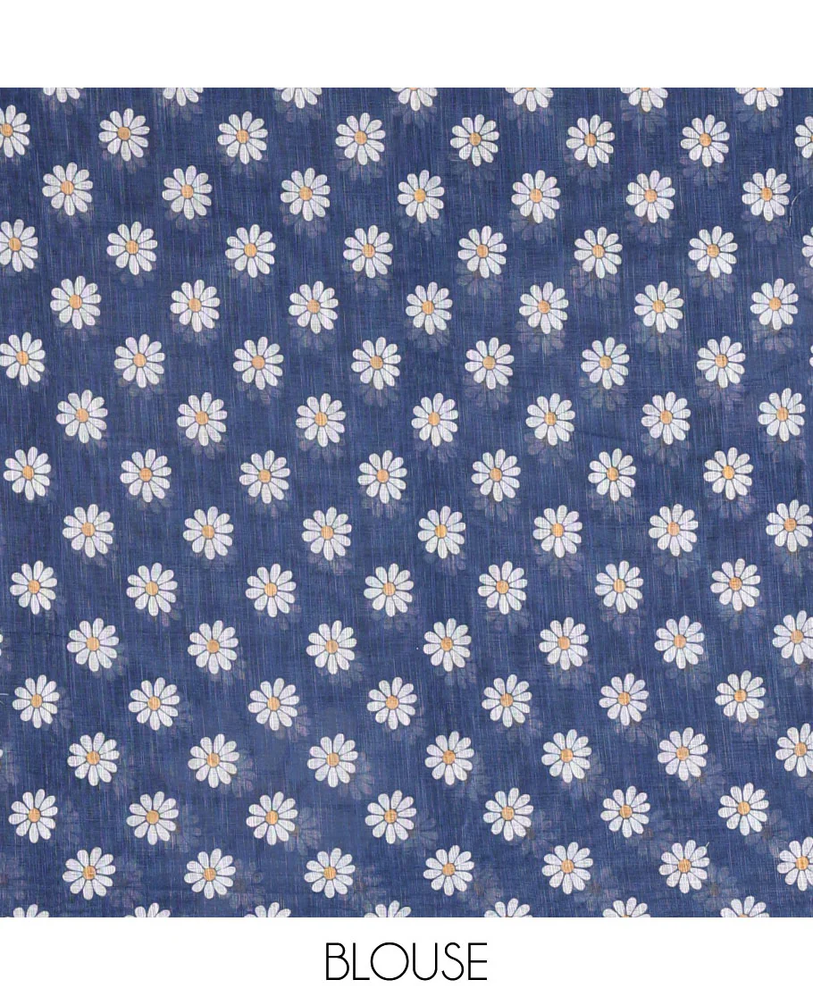 Borderless white-blue 2D-style daisy floral printed linen cotton saree, daisy floral printed pallu, and daisy floral printed blouse - Image 3