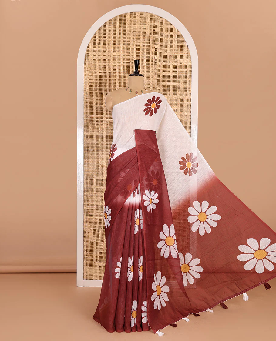 Borderless white-maroon 2D-style daisy floral printed linen cotton saree, daisy floral printed pallu, and daisy floral printed blouse