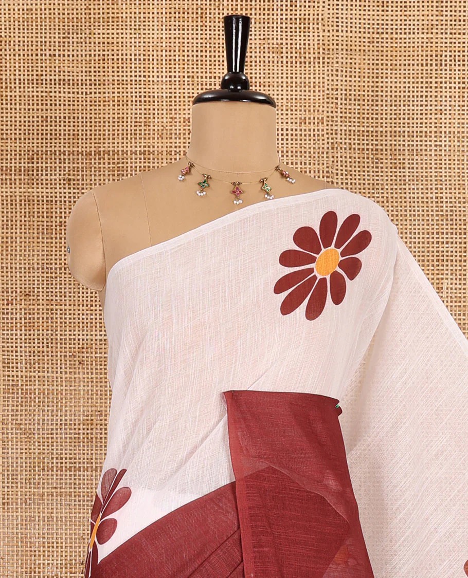 Borderless white-maroon 2D-style daisy floral printed linen cotton saree, daisy floral printed pallu, and daisy floral printed blouse - Image 2