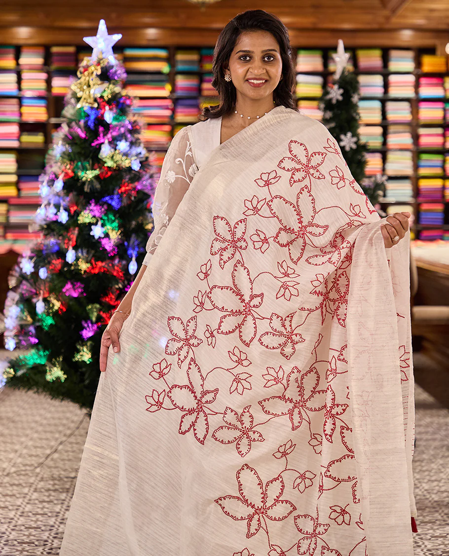 Borderless white dotted floral motifs embroidered matka silk saree, dotted embroidered striped pallu