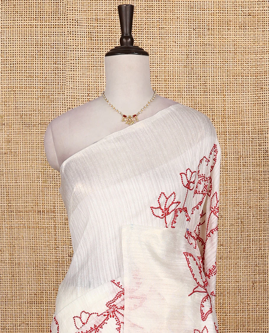 Borderless white dotted floral motifs embroidered matka silk saree, dotted embroidered striped pallu - Image 5