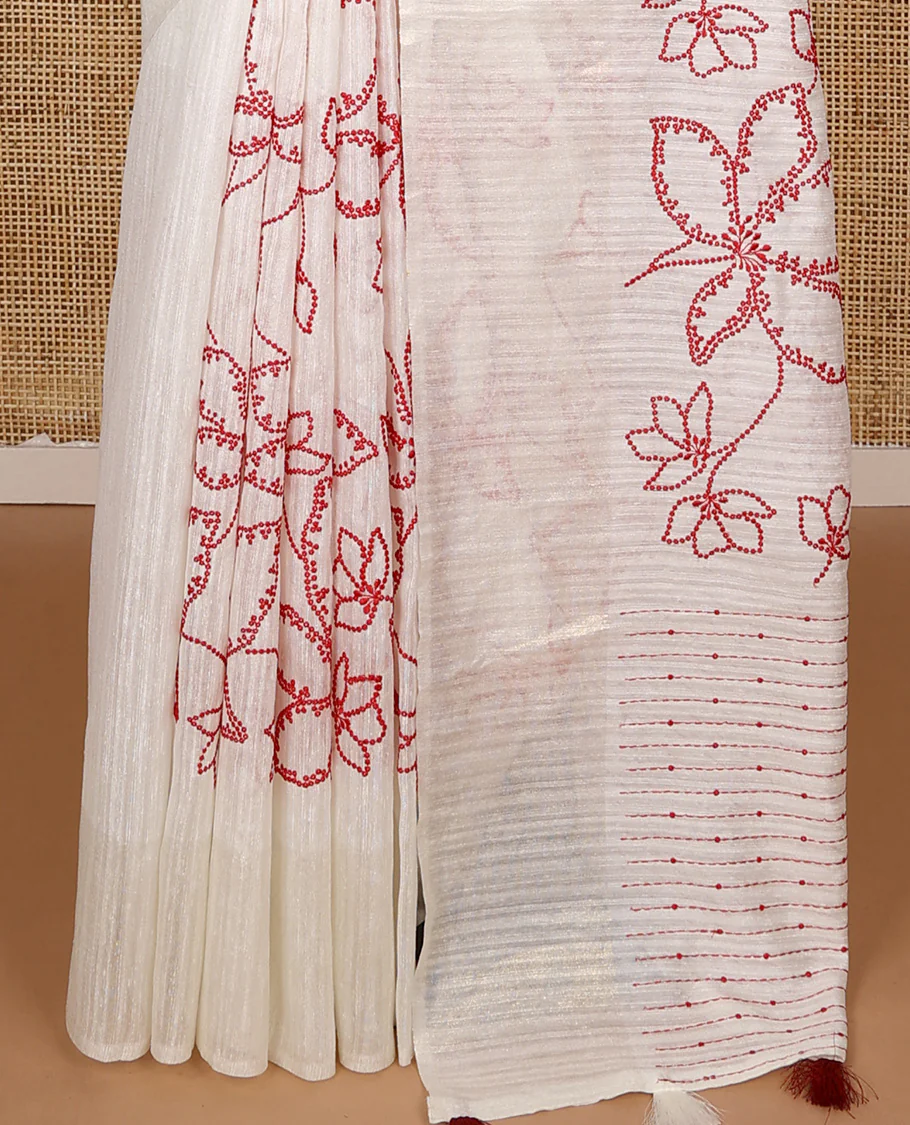 Borderless white dotted floral motifs embroidered matka silk saree, dotted embroidered striped pallu - Image 6
